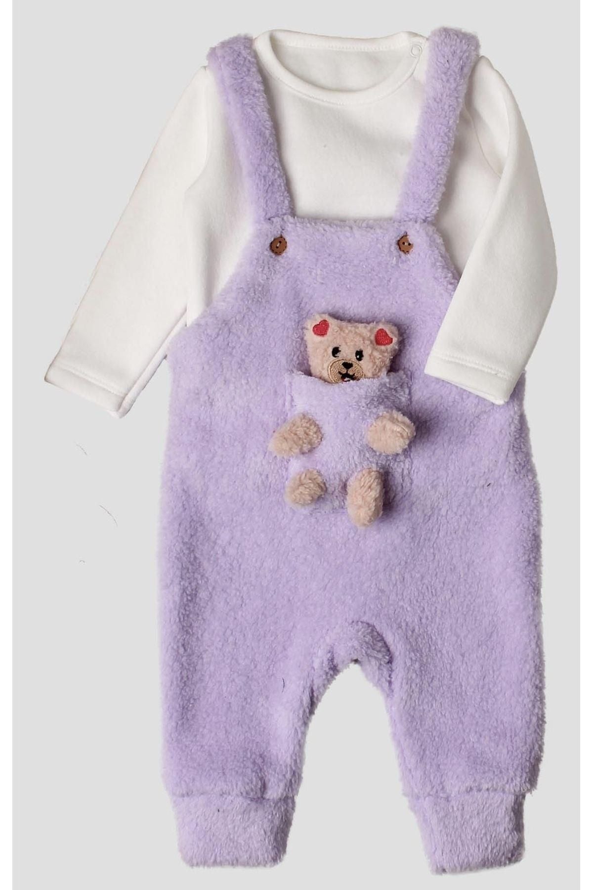 Kışlık tatlı peluş ikili takım kız bebek salopet sweatshirt